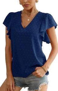 LYANER Women's Casual Swiss Dots V Neck Flutter Sleeve Blouse Blue Sz M Work - Picture 1 of 4