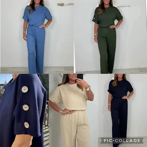 Ladies Gold Button 2pcs Popcorn Tracksuit for women’s– Short Sleeve Style- Lena - Picture 1 of 22