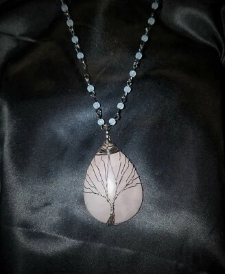 Colgante Mágico Árbol de la Vida Cuarzo Rosa, 32" Plata y Cristal Ópalo Collar Reiki Foto 1 de 4