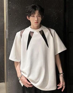 Men's Youth Short Sleeve Round collar Hollow Mesh Chic Shoulder pads T-shirt - Picture 1 of 16
