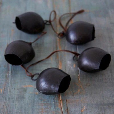 Fair Trade Handmade Rustic String of 5 Black Cowbells Hanging Decoration Garden - Image 1 of 3