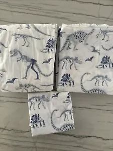 Pottery Barn Kids Dino Bones Twin Sheet Set Flat Fitted Standard Pillowcase Cott - Picture 1 of 13