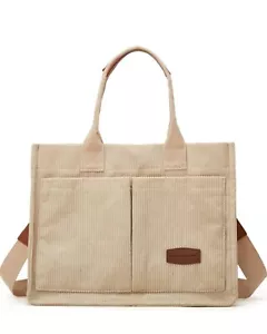 Corduroy Tote Bag for Women Large Shoulder Bag with Zipper and Pockets Tan - Picture 1 of 4