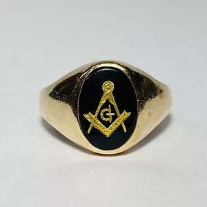 10K Yellow Gold Freemason Masonic Square Compasses Size 9.5 Ring 5.6g - Picture 1 of 8