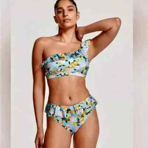Victoria's Secret Swim Large blau Blumen Zweiteiler Badeanzug Rüschen eine Schulter - Bild 1 von 8