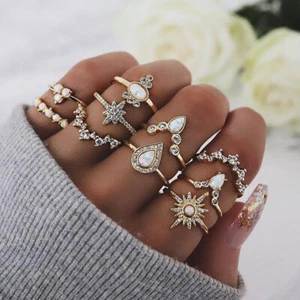 New 10Pcs/Set Boho Opal Finger Ring Rhinestone Knuckle Rings Set Jewelry Gift - Picture 1 of 6
