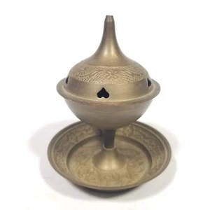 Etched Brass Metal Incense Burner Church Censer w Cover & Base Gold Tone Hearts - Picture 1 of 8