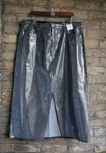 New M&S Black Sequin Pure Cotton A-line Front Slit Maxi Denim Skirt Size UK 20 - Picture 1 of 7
