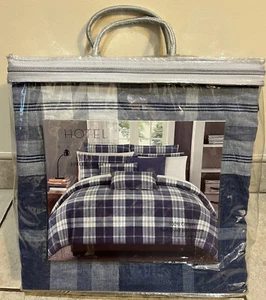 Hotel Balfour King Duvet 2 Shams Set Blue Plaid Cotton - Picture 1 of 4