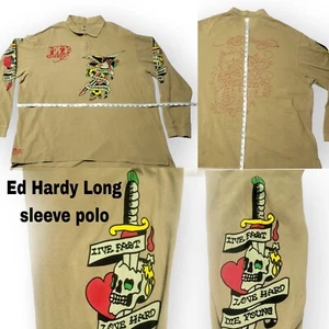 ED HARDY Christian Audigier Long Tatoo Sleeve SHIRT 6xl All Over Print Vtg Y2K - Picture 1 of 8