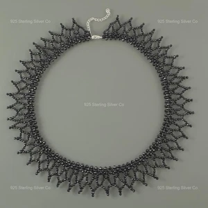 Sterling Silver Round Black Spinel Stone Wedding Beaded Mother Necklace Jewelry - Picture 1 of 8