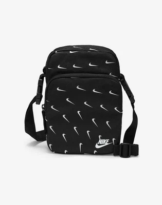 Nike Heritage Crossbody Bag Unisex Black White Swoosh Zip Pockets Travel Purse - Image 1 of 4