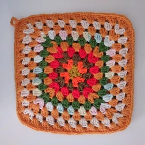 Vintage 8" Square Yarn Crochet Pot Holder Fall Autumn Colors Trivet Handmade - Picture 1 of 3