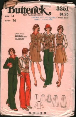 3351 Vintage Butterick SEWING Pattern Misses 1970s Jacket Vest Skirt Pants 14 - Image 1 of 2
