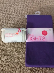 Girls Tights Lot 13/14 Large Cream Purple Footless Nwt - Picture 1 of 5