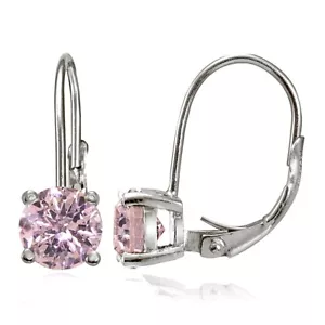 Sterling Silver Simulated Pink Tourmaline 6mm Round Leverback Earrings - Picture 1 of 4