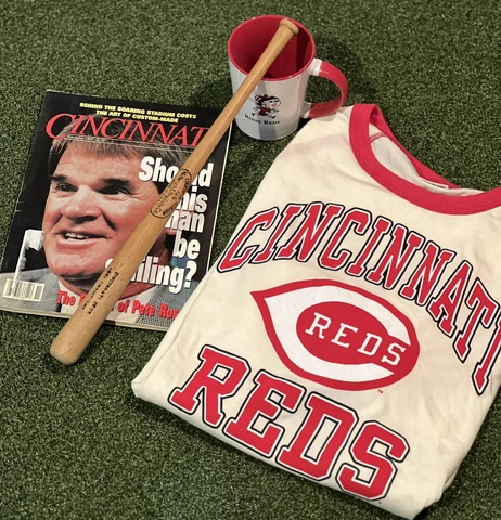 CINCINNATI Reds Fan Lot 1981 Champion Bat Rosie Red Mug Pete Rose + XL T Shirt Cover