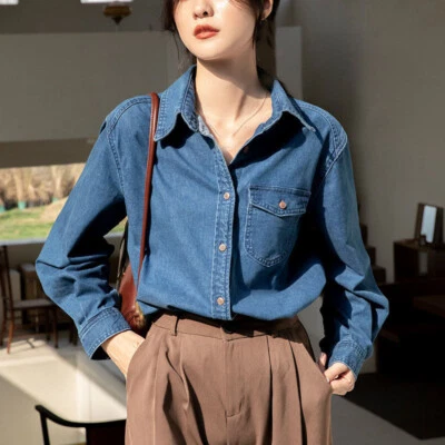 Camisas informales sueltas de mezclilla retro para mujer mangas largas Prendas para el torso Blusas Ropa de trabajo elegante Foto 1 de 4