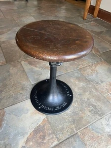 1900s New Britain Machine Co Drafting Stool Chair Wood Seat Cast Iron Base - Picture 1 of 9