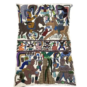 Vintage Embroidered Tapestry Mayan Pyramid Battle Quetzal Wall Art Decor 23"x15" - Picture 1 of 15