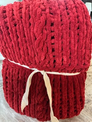 Pottery Barn 50”x60” Chunky Knit Chenille fringed throw Blanket, Red - Image 1 of 3