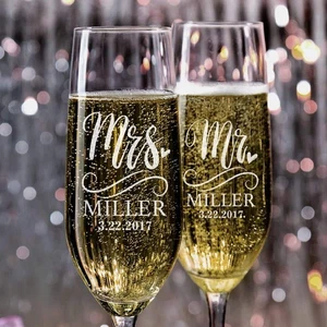 P Lab Set of 2, Bride and Groom Champagne Glasses w/Last Name & Date, Persona... - Picture 1 of 7