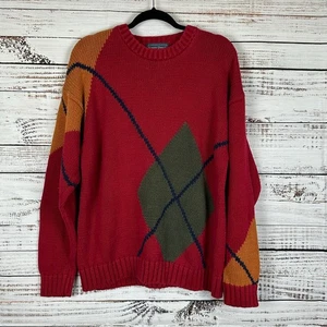 Men's VTG 90s Kenneth Roberts Knit Grandpa Red Argyle Crewneck Sweater Diamond L - Picture 1 of 5