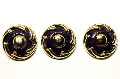 Vintage metallic effect plastic buttons set of 3 gold tone & dark purple  1" - Image 1 of 4