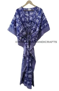 Muslin Cotton Soft Hand Block Print Beach Cover up Floral Boho Kaftan Maxi Dress - Picture 1 of 6