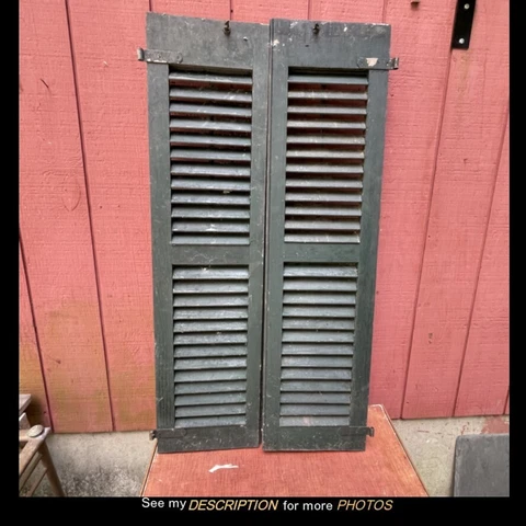 Antique Victorian Pair Louvered Wooden House Shutters Green Paint 12 x 46 Cover