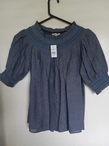 Ann Taylor Loft  Chambry Blue Embroidered Boho Peasant Top Size XS NEW - Picture 1 of 3