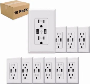 Cargador USB 3.1 A Salida de Pared Receptáculo Doble de Alta Velocidad 15 Amp, Blanco 10 Paquete - Imagen 1 de 7