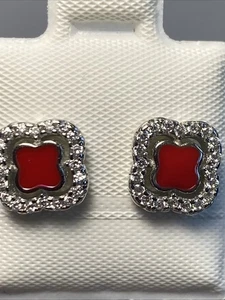 925 Sterling Silver Shape Clover With Cz Diamond Cut &Enamel, Stud Earrings. New - Picture 1 of 9