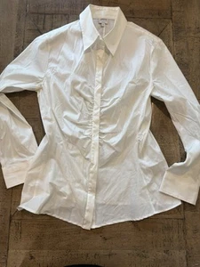 Armani Collection Blouse Sz 14 White Stretch Cotton Shirred Fitted Waist Shirt - Picture 1 of 4
