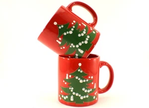 Waechtersbach Christmas Tree COFFEE MUG set of 2 Red Earthenware Vintage Germany - Picture 1 of 10