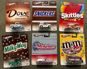 Hot Wheels Pop Culture Skittles Snickers M’M’s Dove Real Riders Candy Set  Of 6 - Picture 1 of 8