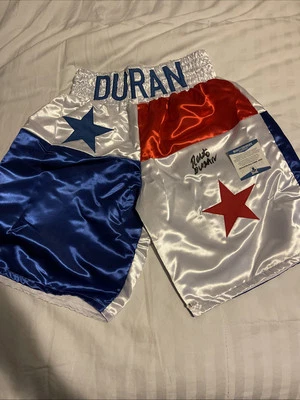 Roberto Duran Signed Autographed Duran Boxing Trunks Red Blue Silver Beckett COA - Image 1 of 4