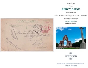 WW1 Message Card 1916 Pte Paine 2nd Bn South Lancs Killed France to Manchester - Bild 1 von 5