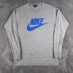 Vintage 80s Nike T Shirt Mens M Med Grey Long Sleeve Big Swoosh Blue Label USA - Picture 1 of 17