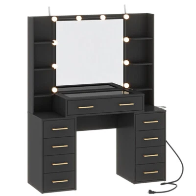 Modern Glass Top Vanity Desk Makeup Mirror Desk with Lights, Charging Station - Image 1 of 4
