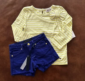 Justice Outfit Lemon Pop Stripe 3/4 Bow Top Ultra Purple Cutt Off Short Size 6/7 - Picture 1 of 9