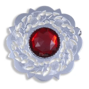 Miracle BROOCH CAP BADGE CHROME THISTLE BORDER RUBY RED FAUX STONE KILT PLAID - Picture 1 of 3