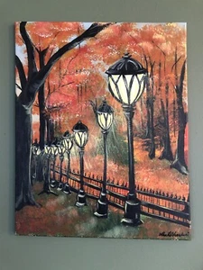 Original Signed Painting on Canvas Autumn Lamp Posts by Lisa Devecchis - Picture 1 of 11