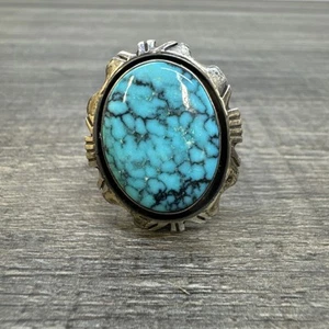 Rare Vtg Roger Apachito Spider Turquoise Native Navajo Large Ring Sterling Sz 13 - Picture 1 of 8