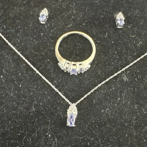 10k white gold tanzanite jewelry set Necklace, earrings, and size 6 3/4 ring - Picture 1 of 13