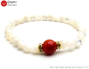 "Pulsera redonda de cuentas blancas de 6 mm para mujer de 10 mm pulsera de coral rojo 7,5""" - Imagen 1 de 13