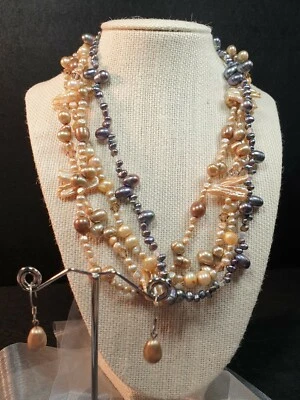Vintage Multi-Strand Genuine Ocean Pearl Necklace W/ Shell & Crystals; Earrings - Image 1 of 4
