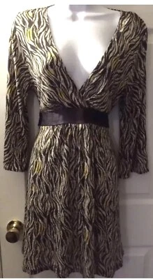 Новый экспресс VNeck платье надежном ленты талии Джерси вязаный желтовато-коричневый желтый коричневый Sz M новый без ЯРЛЫКОВ - Изображение 1 из 4