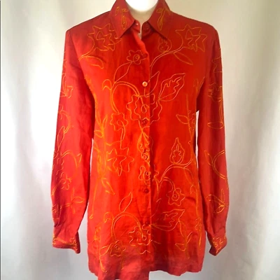 Camisa feminina Josephine Chaus de linho com botões tamanho 6 manga longa bordada - Imagem 1 de 4