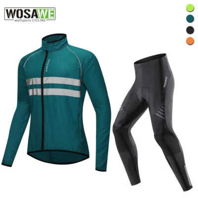 WOSAWE Men Cycling Windbreaker Reflective Jacket Cycling Padded Pants Tights Set - Image 1 of 4